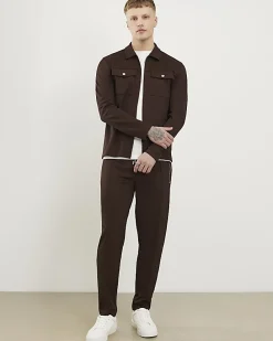 Brown Slim Fit Pique Shacket And Joggers Set