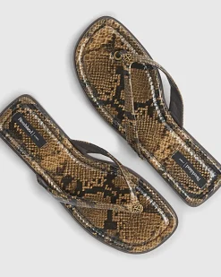 Brown Snake Print Toe Thong Flat Sandal