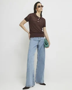 Brown Stitched Knit Polo Top