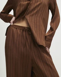 Brown Striped Drawstring Wide Leg Trousers