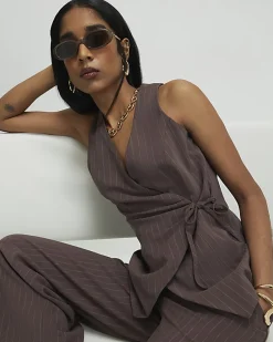 Brown Striped Soft Tie Front Top