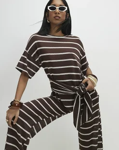Brown Striped Textured Knot Front Top