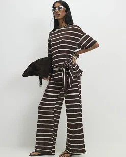 Brown Striped Textured Knot Front Top