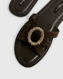 Brown Suede Beaded Ring Flat Sandals