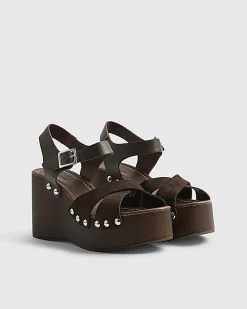 Brown Suede Clog Wedge Sandals