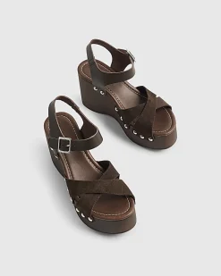 Brown Suede Clog Wedge Sandals