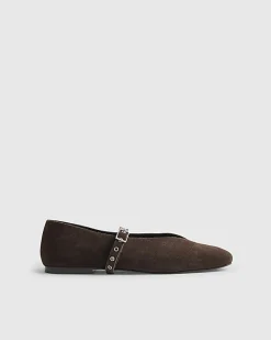 Brown Suede Eyelet Square Toe Ballet Pumps