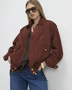 Brown Suede Oversized Bomber Jacket
