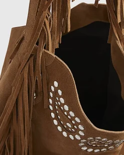 Brown Suede Studded Fringed Shoulder Bag