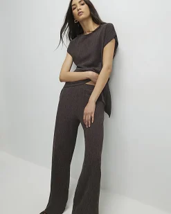 Brown Textured Wide Leg Trousers