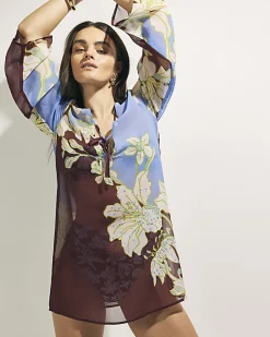Brown Tropical Border Print Beach Tunic