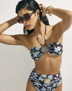 Brown Tropical Print Halter Bandeau Bikini