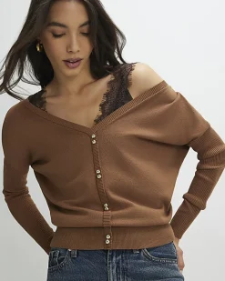 Brown V Neck Button Jumper