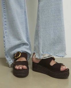 Brown Wide Fit Buckle Strap Wedge Sandals