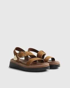 Brown Wide Fit Ring Buckle Flatform Sandals