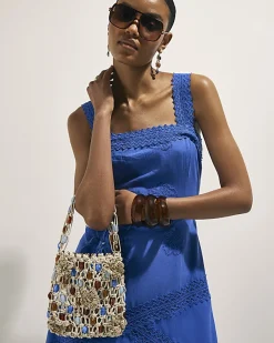 Cream Beaded 3D Flower Rope Bag