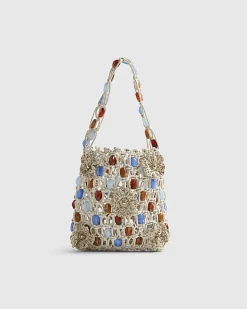 Cream Beaded 3D Flower Rope Bag