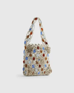 Cream Beaded 3D Flower Rope Bag
