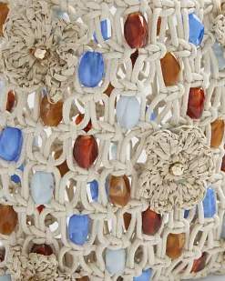 Cream Beaded 3D Flower Rope Bag
