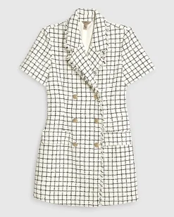 Cream Boucle Short Sleeve Check Mini Dress