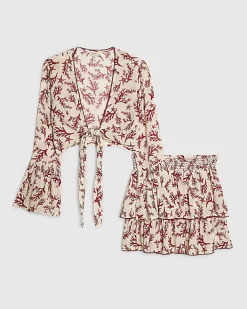 Cream Coral Print Tie Top And Skirt Set