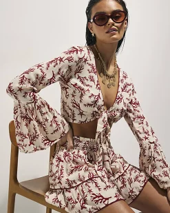Cream Coral Print Tie Top And Skirt Set
