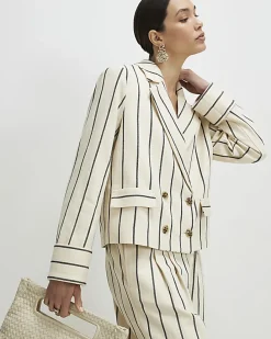 Cream Cotton Long Sleeve Striped Blazer