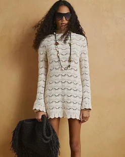 Cream Crochet Knit Boat Neck Mini Dress