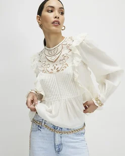 Cream Cutwork Ruffle Blouse