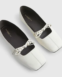 Cream Eyelet Bow Square Toe Ballet Pumps
