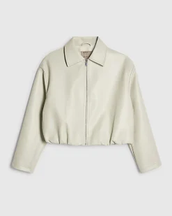Cream Faux Leather Bubble Hem Bomber Jacket