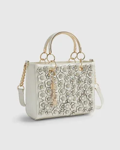 Cream Floral Applique Tote Bag