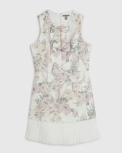 Cream Floral Bow Front Boucle Dress