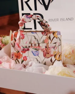 Cream Floral Charm Tote Bag