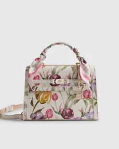 Cream Floral Charm Tote Bag