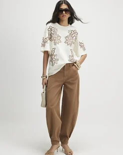 Cream Floral Embroidered Beaded T-Shirt