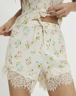 Cream Floral Lace Trim Shorts