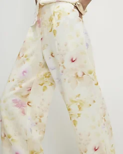 Cream Floral Scallop Trim Wide Leg Trousers