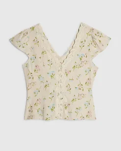 Cream Floral Short Sleeve Lace Trim Top