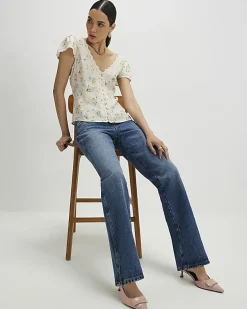 Cream Floral Short Sleeve Lace Trim Top