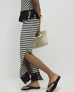 Cream Fringed Hem Stripe Midi Skirt