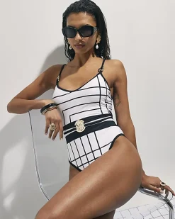 Cream Geometric Stripe Swimsuit