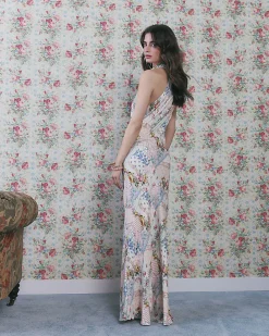 Cream Halter Neck Slip Floral Dress