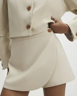 Cream Herringbone Button Detail Wrap Skort