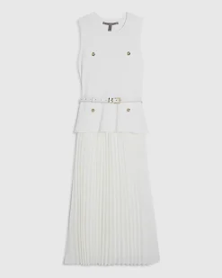 Cream Knitted Belted Pleat Hem Midi Dress