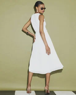 Cream Knitted Belted Pleat Hem Midi Dress