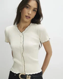 Cream Knitted Frill Trim Ribbed Top