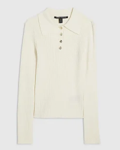 Cream Knitted Long Sleeve Polo Top