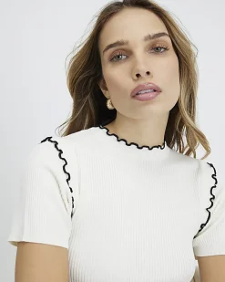 Cream Knitted Short Sleeve Frill Top
