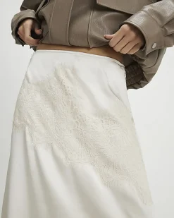 Cream Lace Satin Midi Skirt
